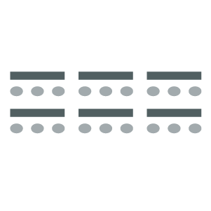 Three columns of tables with seating placed behind the tables. 