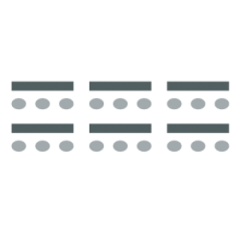 Three columns of tables with seating placed behind the tables. 