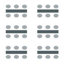 Two columns of tables with three chairs on either side. 